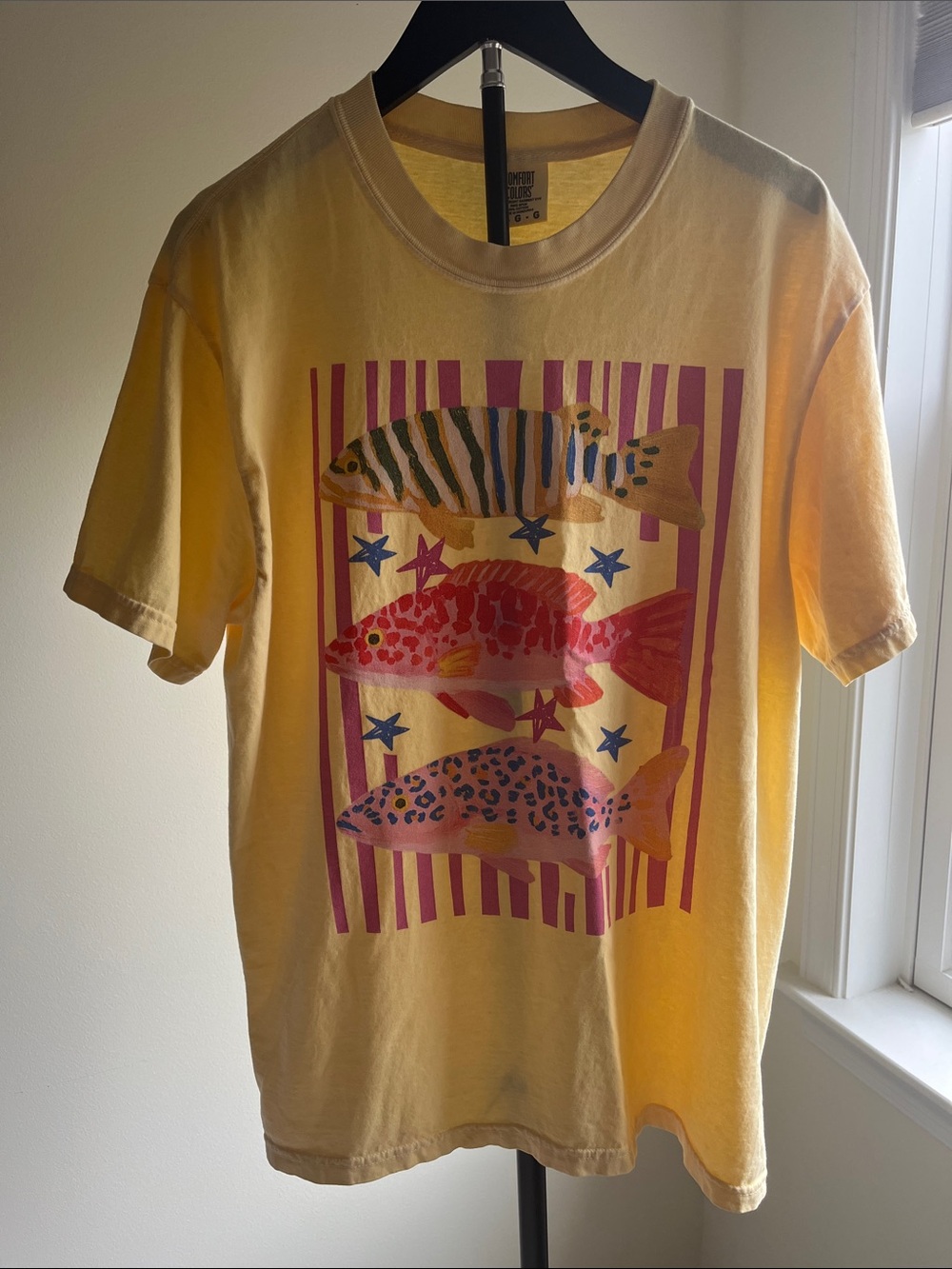 Comfort Colors Yellow Short Sleeve Tee with Pink & Blue Fish Print